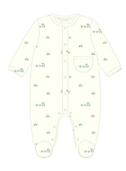 MAYORAL BABY TRAIN COTTON SLEEPSUIT - NEUTRAL TRAIN