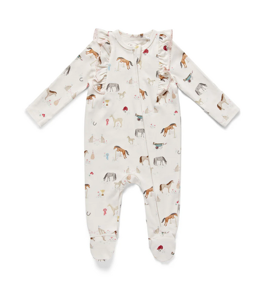 ORGANIC COTTON PONY PRINT FRILL SLEEPSUIT
