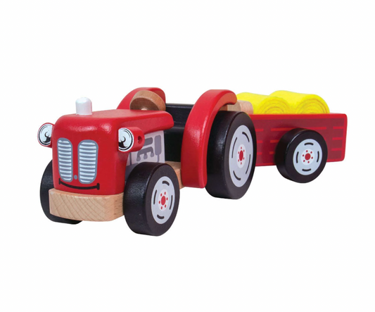 RED TRACTOR WITH TRAILER AND FELT BALES