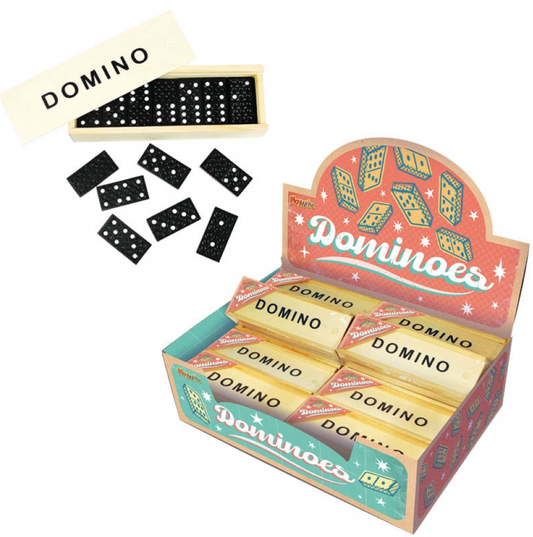Domino set with open box and dominoes on a white background