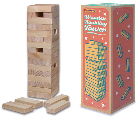 Mini Wooden tumbling tower toy with packaging. Great family game for on the go.