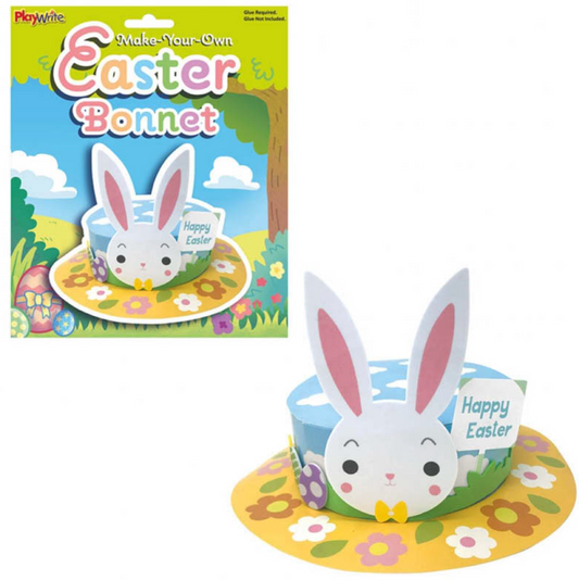 Make-your-own Easter bonnet kit with bunny design and 'Happy Easter' text. Perfect kids activity for Easter.