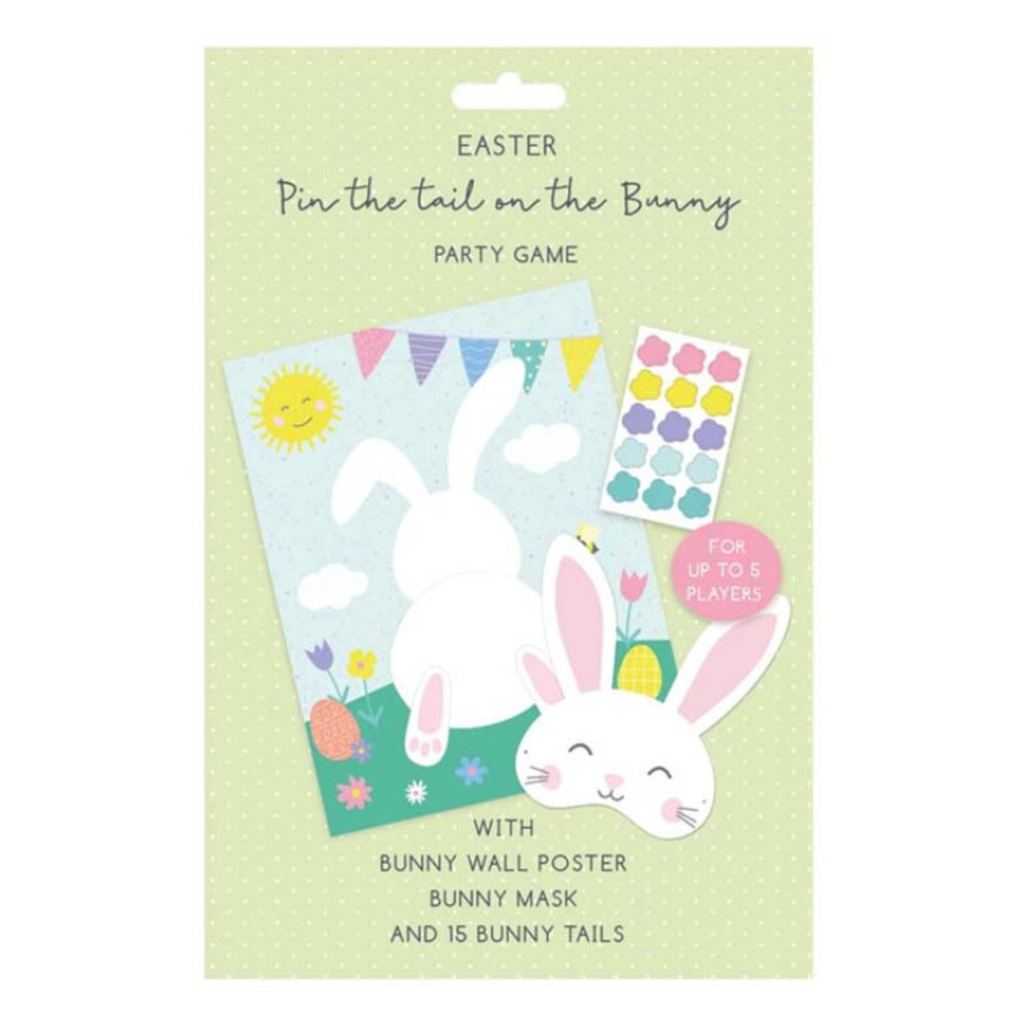 Easter party game packaging with bunny mask, wall poster, and tails on a light green background
