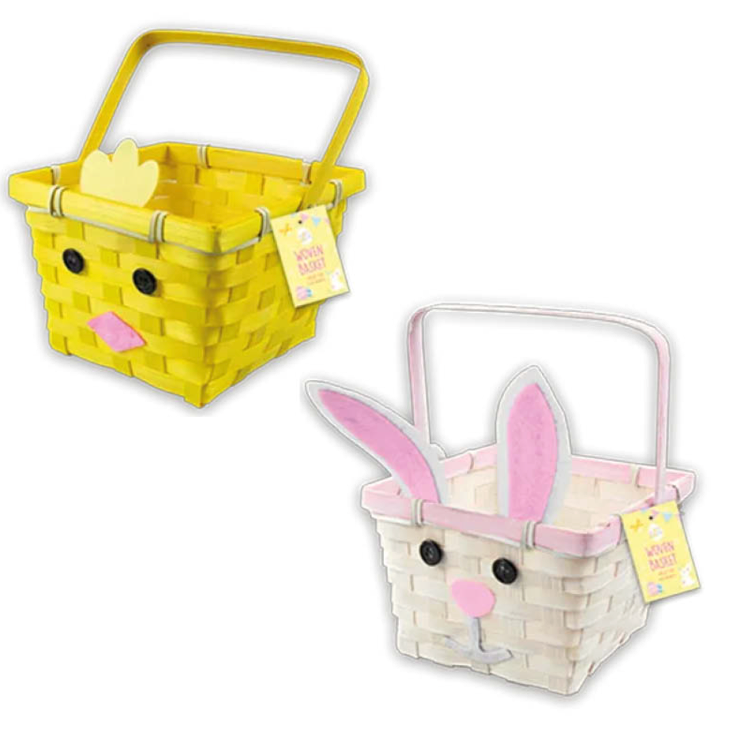 Two Easter baskets, one yellow with a chick design and one white with bunny ears, on a white background.