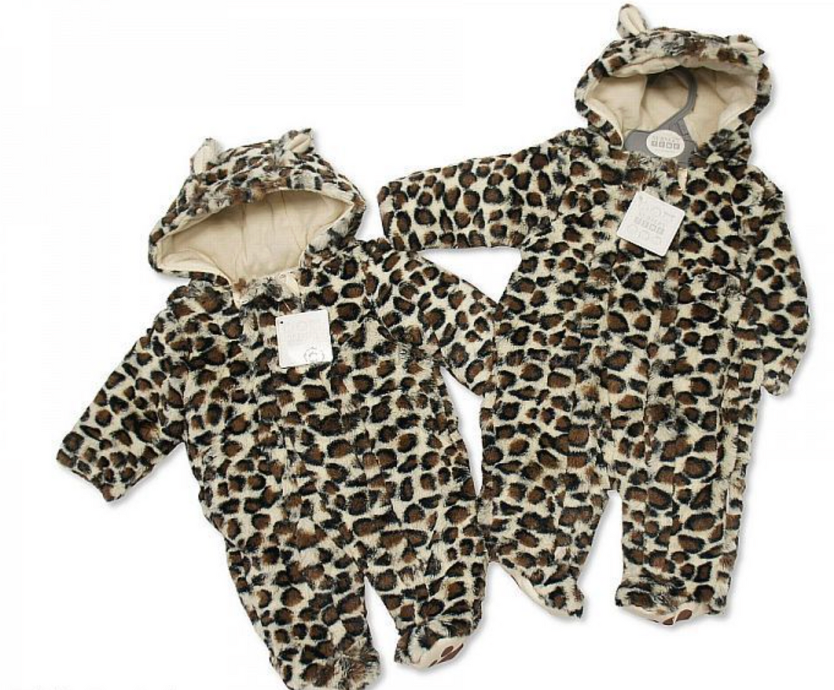 Nursery Time leopard print baby all-in-one snowsuit — two sizes shown side by side, cream and brown fluffy faux fur leopard print with sherpa-lined hood and 3D ears, on white background