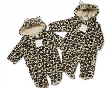 Nursery Time leopard print baby all-in-one snowsuit — two sizes shown side by side, cream and brown fluffy faux fur leopard print with sherpa-lined hood and 3D ears, on white background