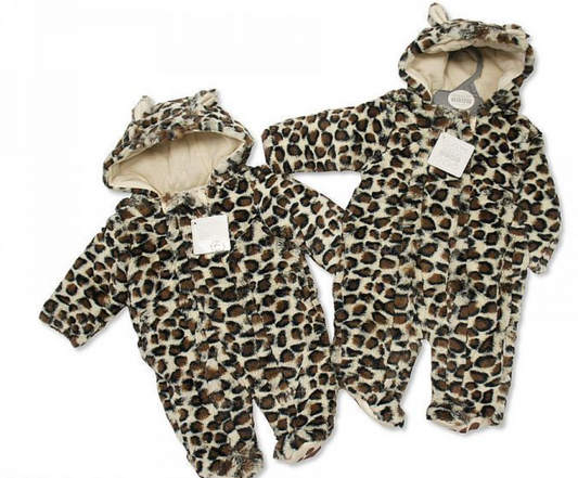 Nursery Time leopard print baby all-in-one snowsuit — two sizes shown side by side, cream and brown fluffy faux fur leopard print with sherpa-lined hood and 3D ears, on white background