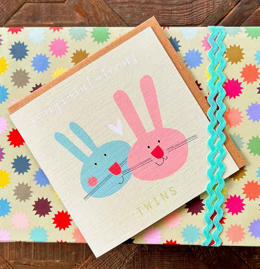 TAUPE BABY BUNNIES NEW BABY TWINS CARD | KALI STILEMAN