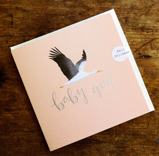SILVER FOILED PINK STORK NEW BABY GIRL CARD | KALI STILEMAN