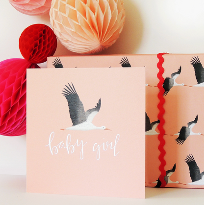 SILVER FOILED PINK STORK NEW BABY GIRL CARD | KALI STILEMAN