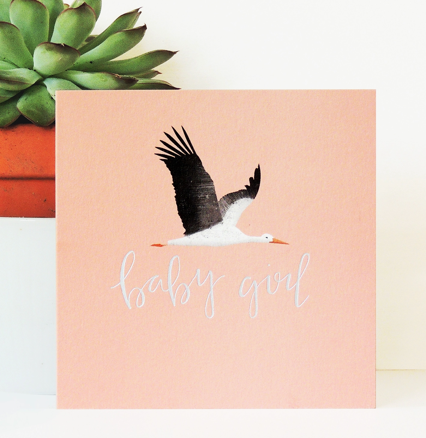 SILVER FOILED PINK STORK NEW BABY GIRL CARD | KALI STILEMAN