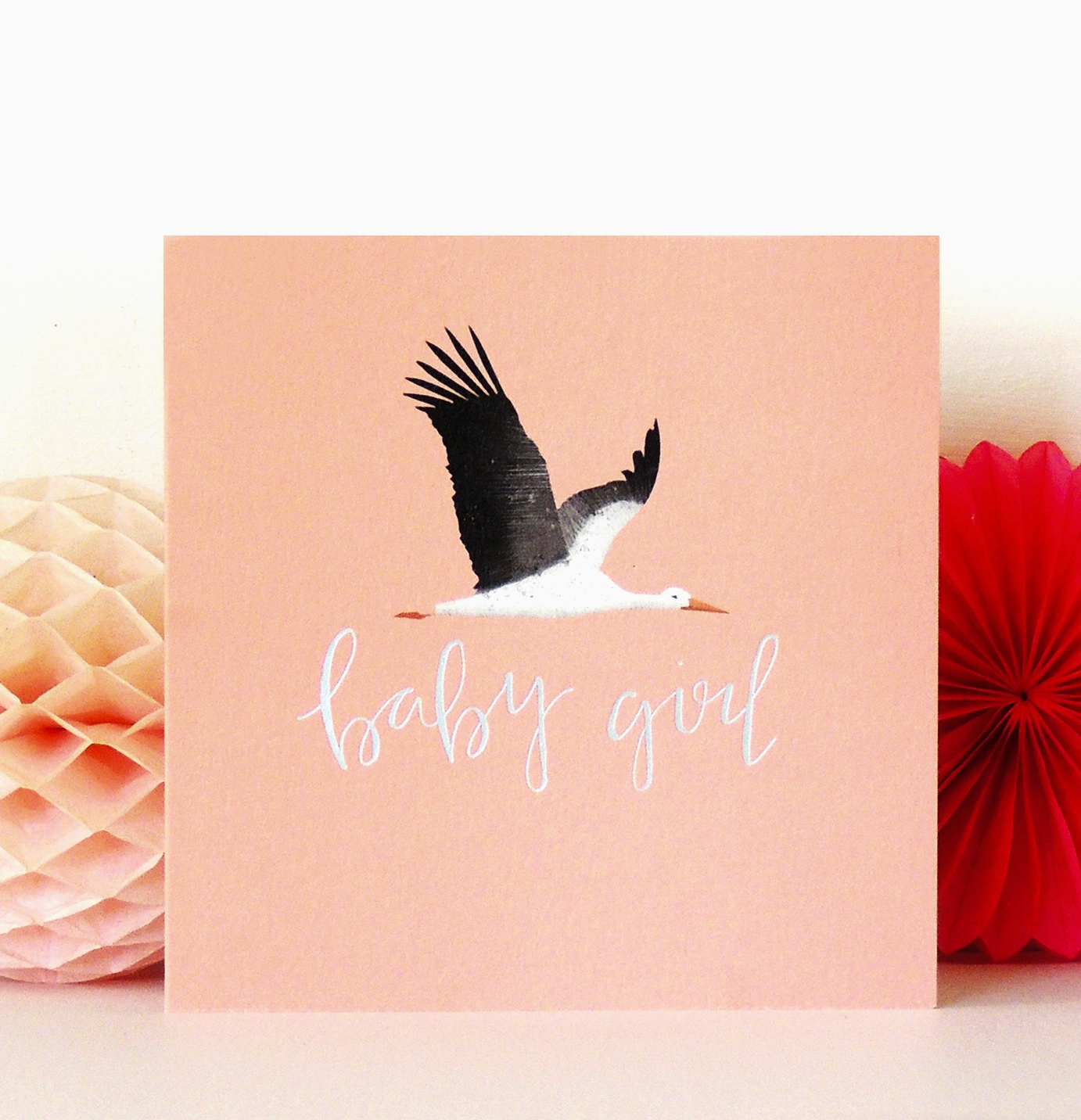 SILVER FOILED PINK STORK NEW BABY GIRL CARD | KALI STILEMAN
