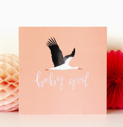 SILVER FOILED PINK STORK NEW BABY GIRL CARD | KALI STILEMAN