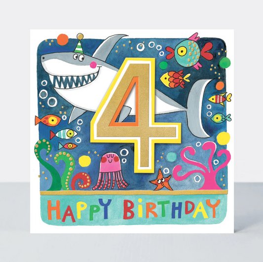 RHUBARB - AGE 4 BOY/SHARK BIRTHDAY CARD | RACHEL ELLEN