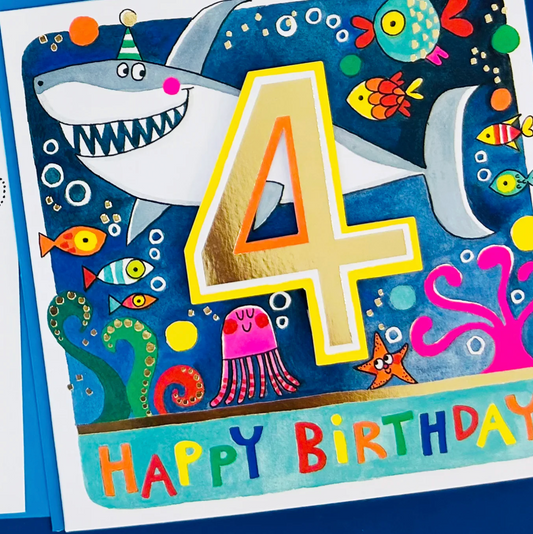 RHUBARB - AGE 4 BOY/SHARK BIRTHDAY CARD | RACHEL ELLEN