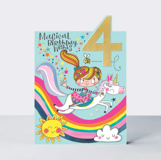 TIPTOES - AGE 4 GIRL ON A UNICORN BIRTHDAY CARD | RACHEL ELLEN