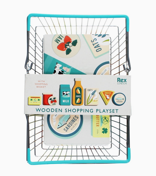 WOODEN SHOPPING PLAYSET WITH BASKET | REX LONDON