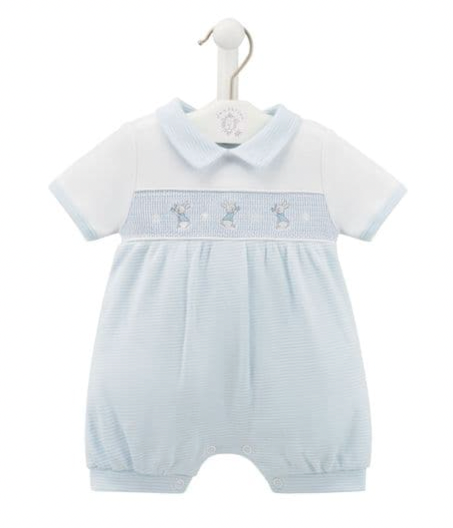 SMOCKED RABBIT COTTON SUMMER ROMPER OUTFIT - BABY BLUE | DANDELION