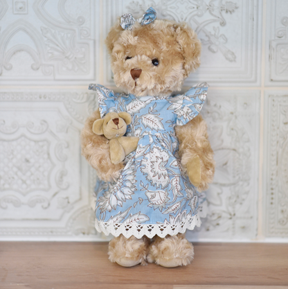 CORNFLOWER BLUE FLORAL DRESS TEDDY & BABY BEAR | POWELL CRAFT