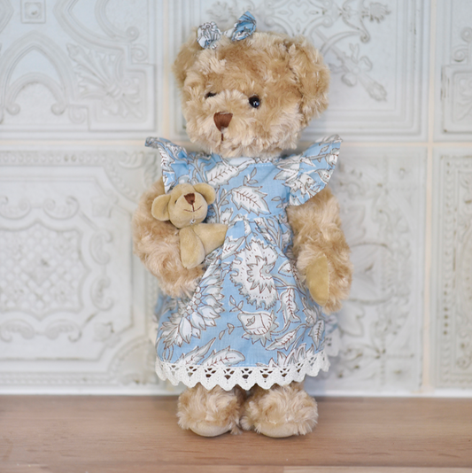 CORNFLOWER BLUE FLORAL DRESS TEDDY & BABY BEAR | POWELL CRAFT