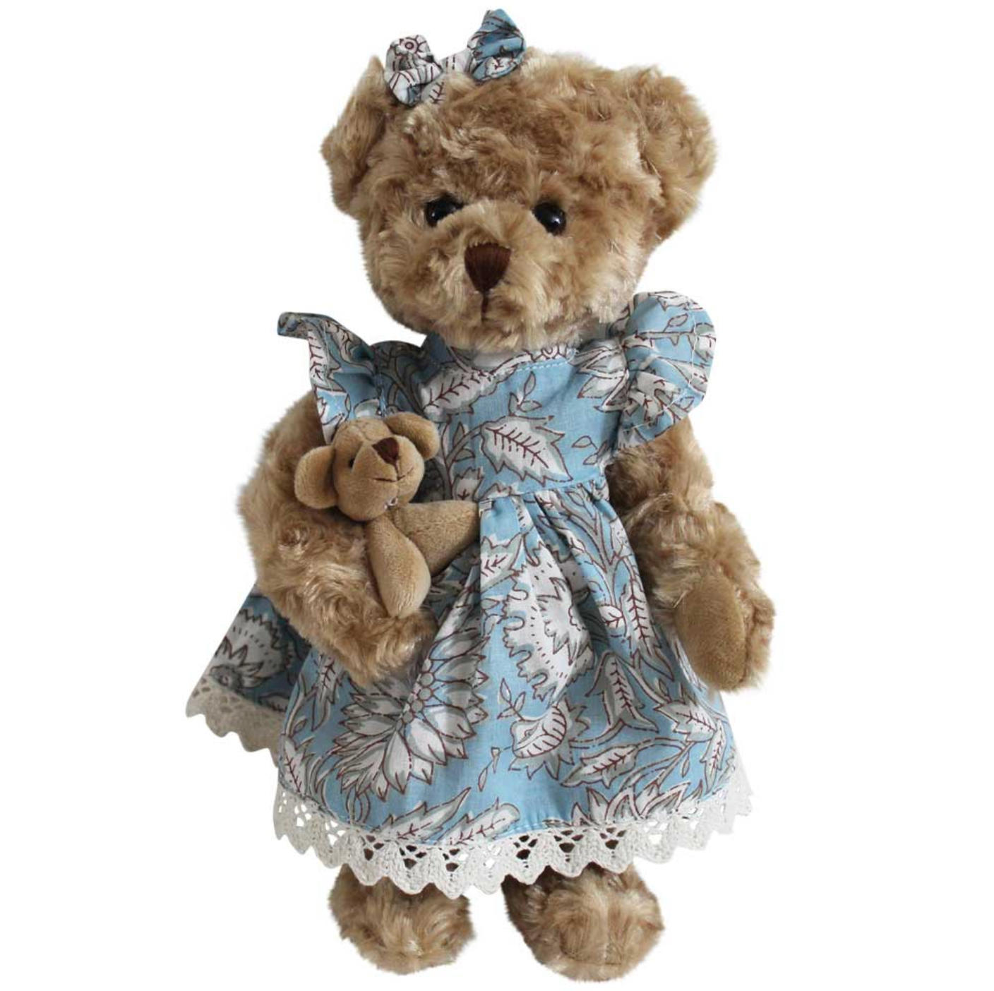 Powell Craft cornflower blue floral dress teddy bear holding tiny baby bear, with crochet lace hem dress and matching fabric bow on ear, white background