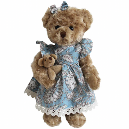 CORNFLOWER BLUE FLORAL DRESS TEDDY & BABY BEAR | POWELL CRAFT