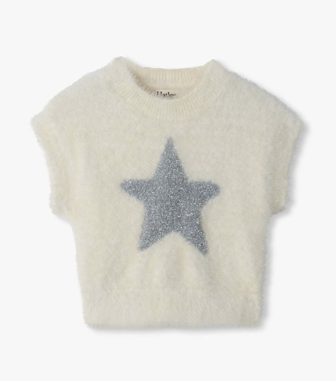 Hatley girls silver star sweater vest in fluffy cream knit with large silver glitter star motif on front, flat lay on white background