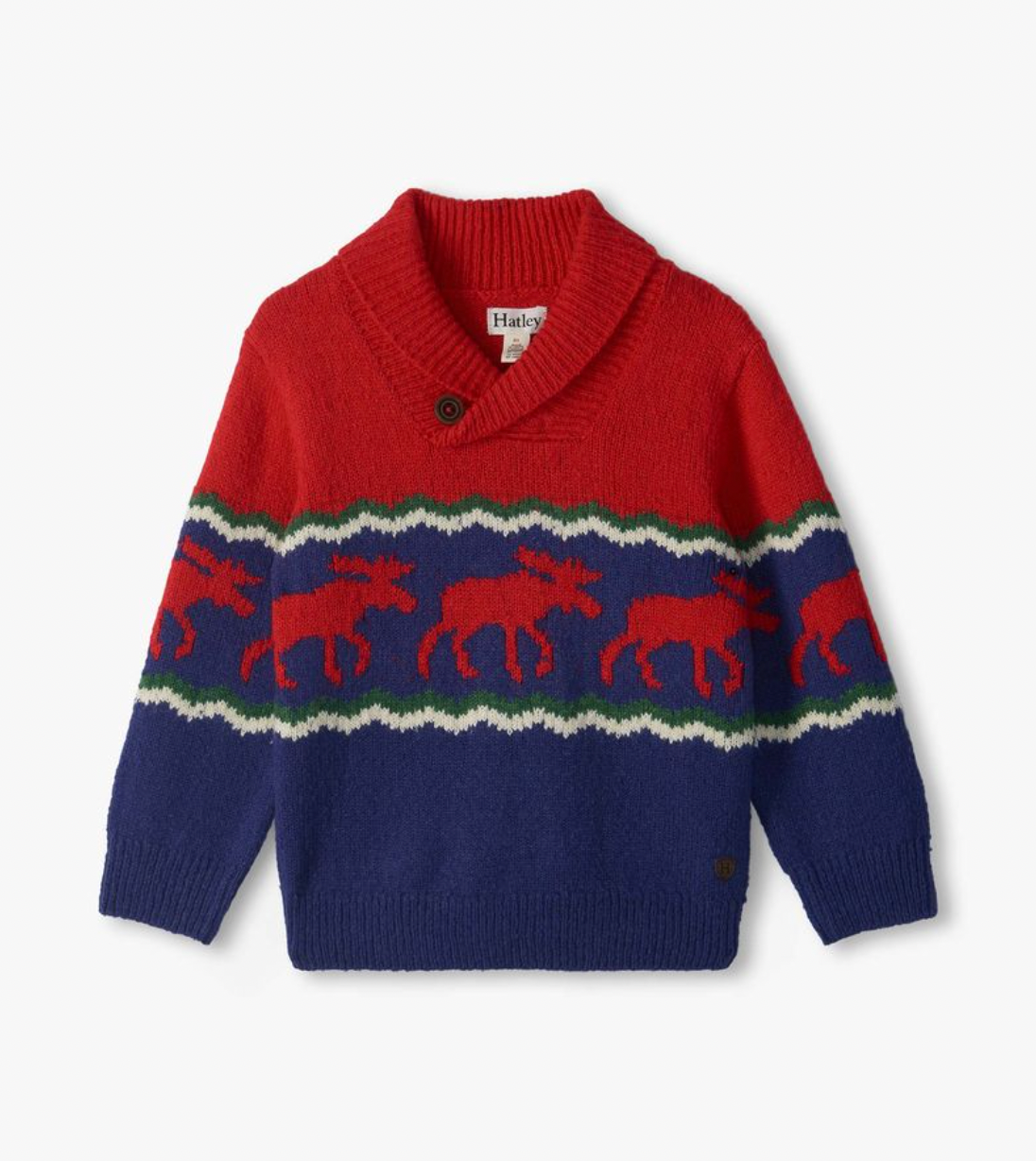 Hatley boys holiday moose pullover sweater in red and navy fair isle knit with shawl collar and single button, flat lay on white background