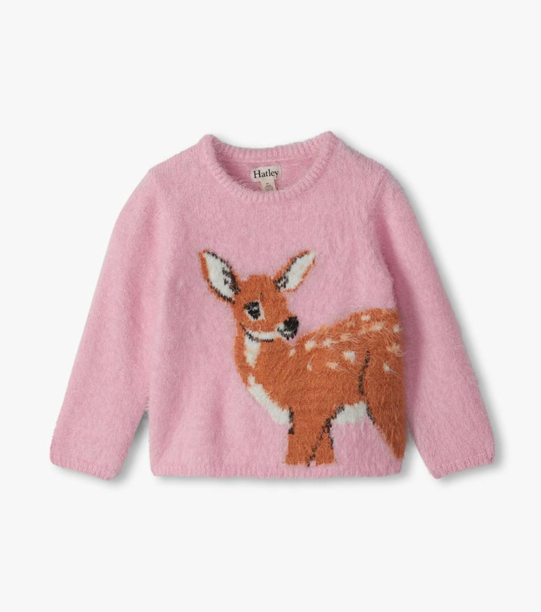 Hatley Sweet Fawn Furry Sweater in pink — soft fluffy knit with a large furry brown and white fawn motif on the front, crew neck, on a white background