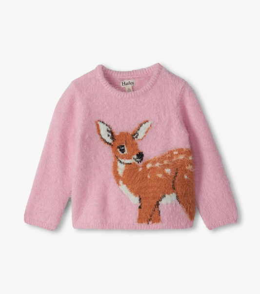 Hatley Sweet Fawn Furry Sweater in pink — soft fluffy knit with a large furry brown and white fawn motif on the front, crew neck, on a white background