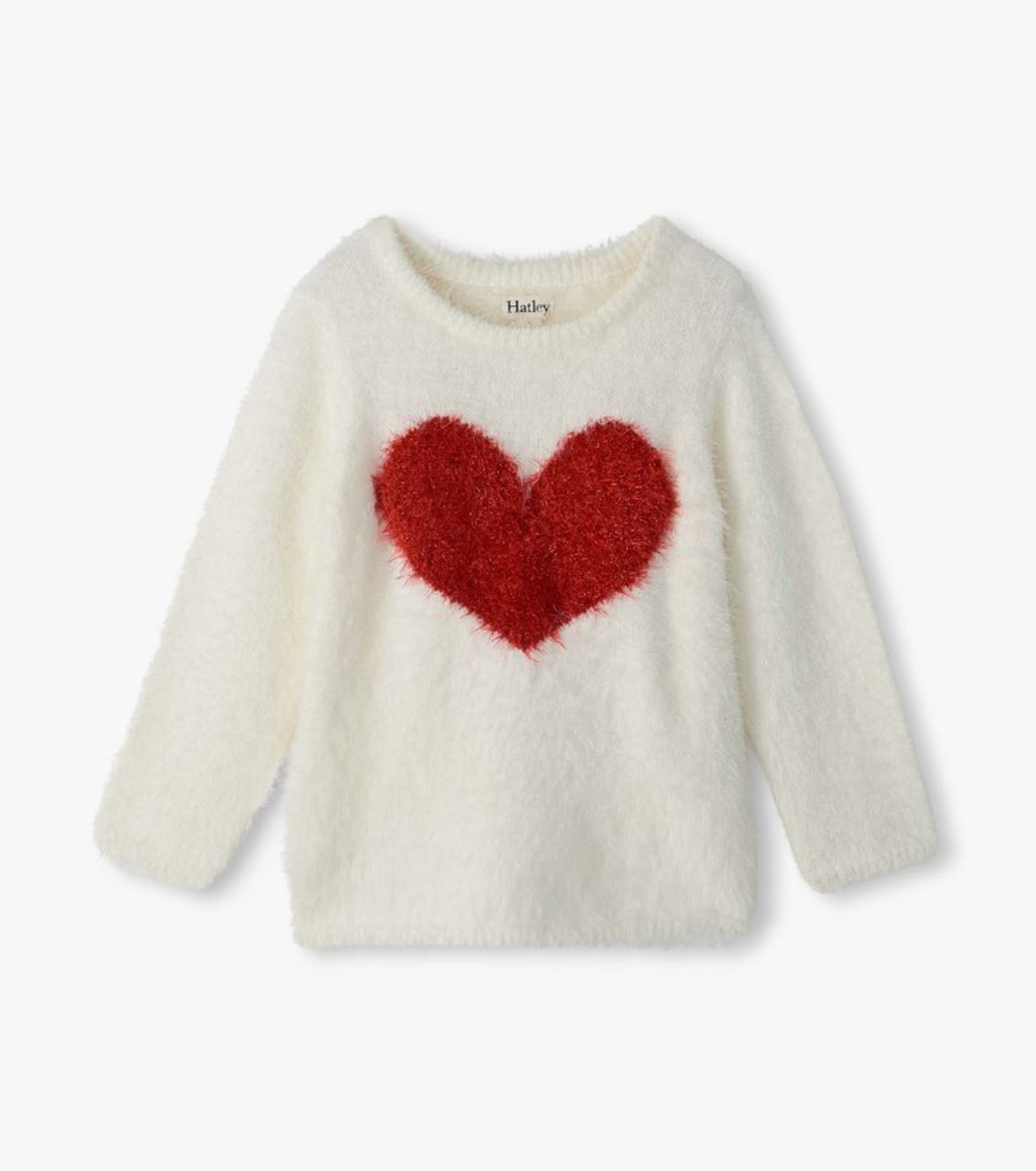 Hatley girls red heart everywhere sweater in fluffy cream knit with large textured red heart motif on front, flat lay on white background