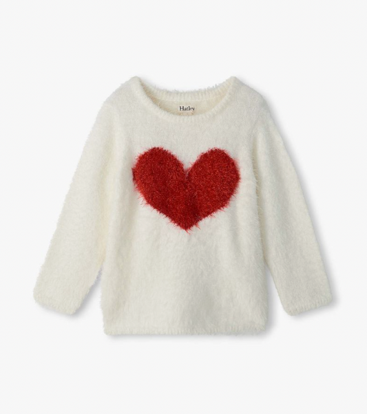 Hatley girls red heart everywhere sweater in fluffy cream knit with large textured red heart motif on front, flat lay on white background