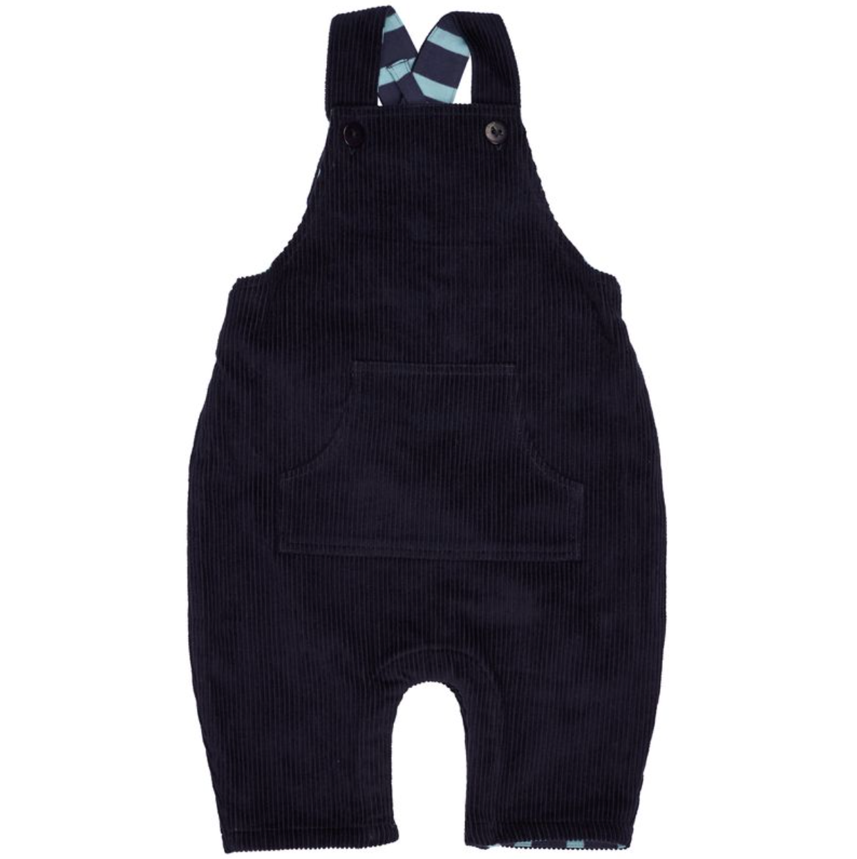 A dark navy blue corduroy baby romper with adjustable shoulder straps, a button closure, and front pockets, shown against a plain white background.