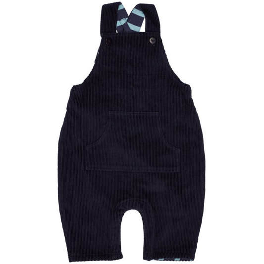 A dark navy blue corduroy baby romper with adjustable shoulder straps, a button closure, and front pockets, shown against a plain white background.