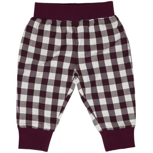 A pair of toddler's gingham plaid pants in dark burgundy, white, and gray, featuring a solid burgundy elastic waistband and matching ribbed ankle cuffs, shown flat on a white background.