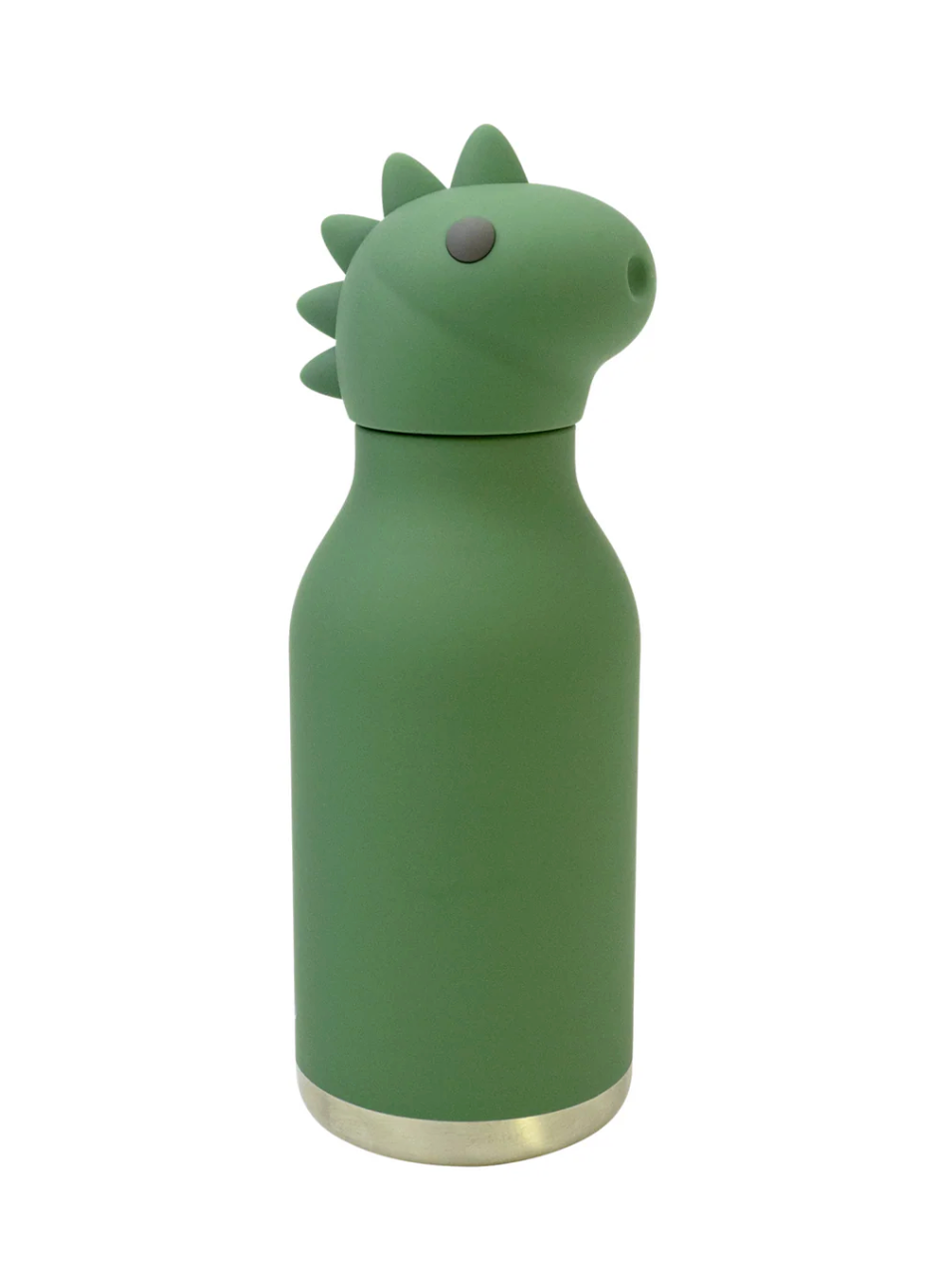 A matte green insulated bottle with a dinosaur-shaped lid featuring small spikes and a small dark eye, shown on a plain white background.