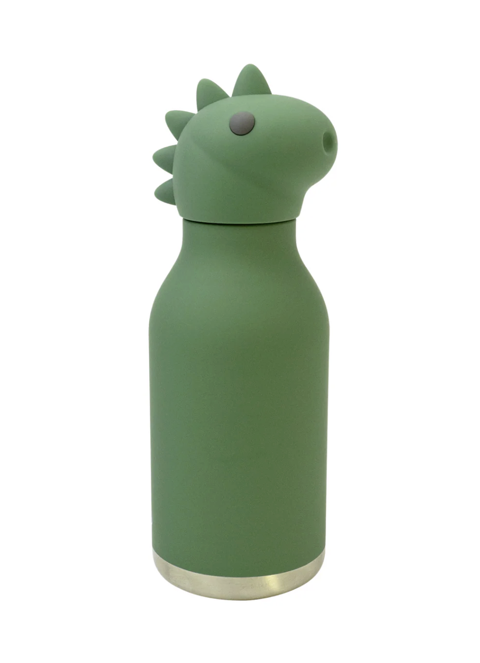 A matte green insulated bottle with a dinosaur-shaped lid featuring small spikes and a small dark eye, shown on a plain white background.