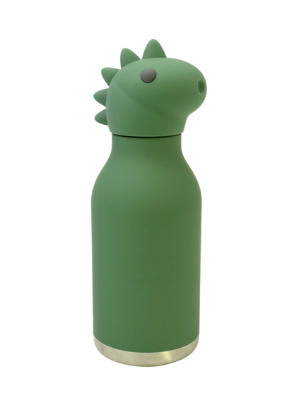 A matte green insulated bottle with a dinosaur-shaped lid featuring small spikes and a small dark eye, shown on a plain white background.