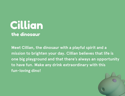 A green graphic card with the text 'Cillian the dinosaur' and a short playful description, plus a small dinosaur head illustration in the bottom right corner.