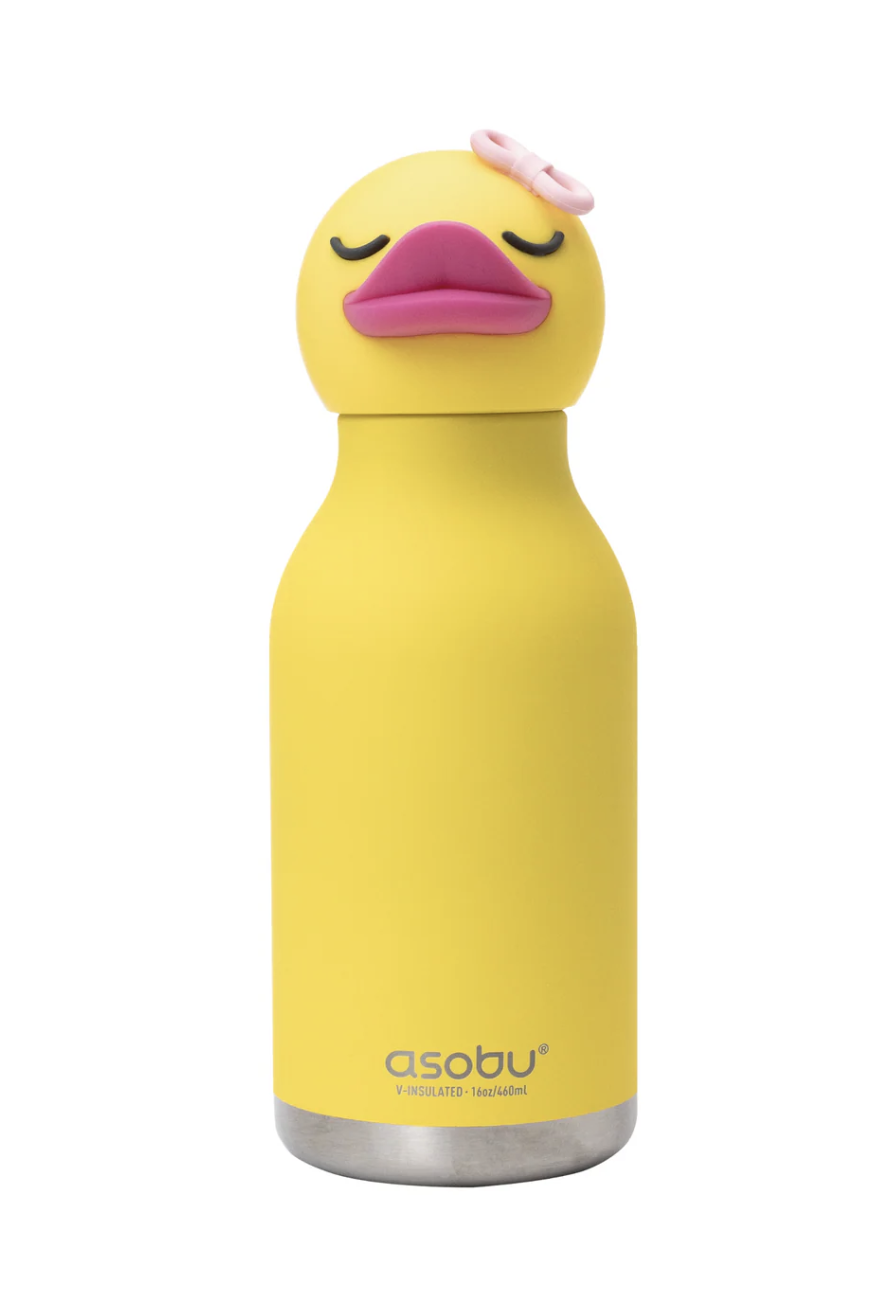 A yellow Asobu insulated water bottle with a lid shaped like a sleeping duck, featuring a pink beak and a small pink bow on top, set against a plain white background.
