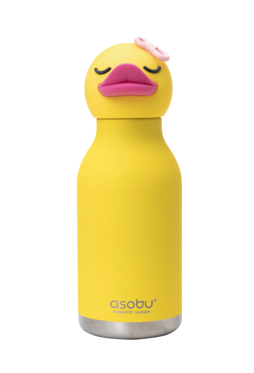 A yellow Asobu insulated water bottle with a lid shaped like a sleeping duck, featuring a pink beak and a small pink bow on top, set against a plain white background.