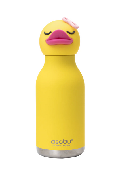 A yellow Asobu insulated water bottle with a lid shaped like a sleeping duck, featuring a pink beak and a small pink bow on top, set against a plain white background.