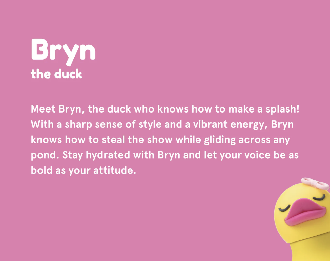 A pink graphic card featuring the text 'Bryn the duck' and a short descriptive paragraph about a duck character. A small yellow duck head with a pink bow appears in the bottom-right corner.