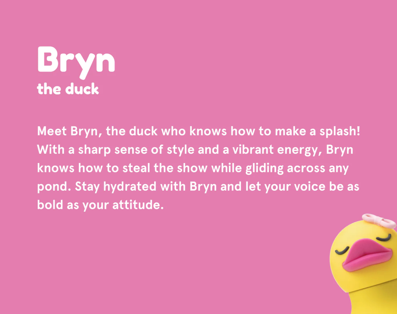 A pink graphic card featuring the text 'Bryn the duck' and a short descriptive paragraph about a duck character. A small yellow duck head with a pink bow appears in the bottom-right corner.
