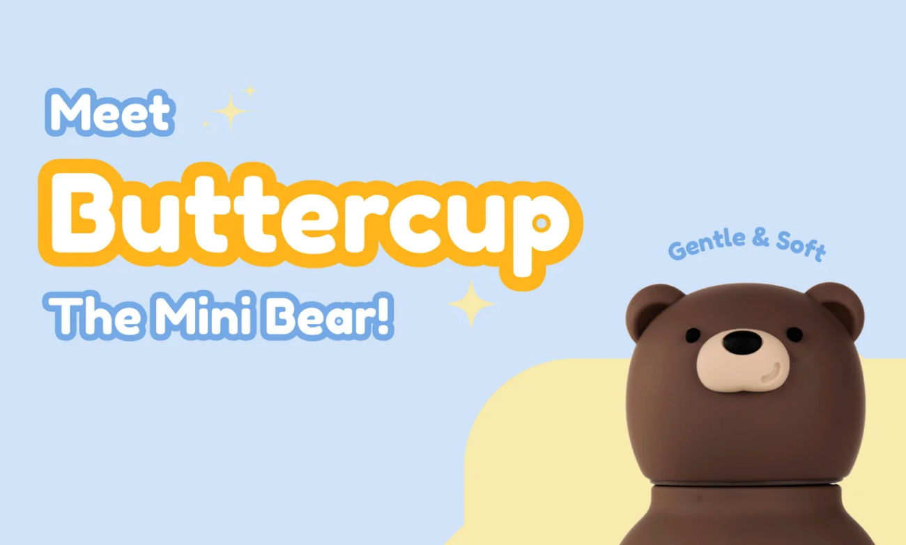 Promotional graphic for a mini bear product named Buttercup, showing a brown bear head and upper body on a light blue background with text reading 'Meet Buttercup The Mini Bear!' and 'Gentle & Soft'.