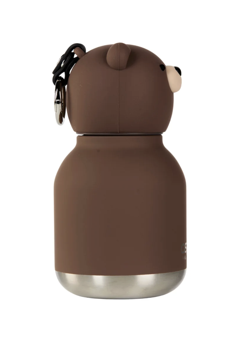 A brown bear-shaped insulated water bottle with a stainless steel base and a black carabiner keychain, shown on a plain white background.
