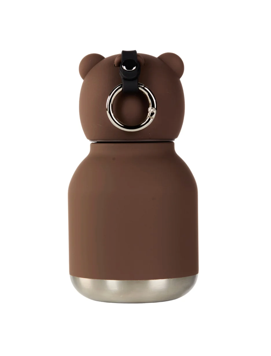 A brown bear-shaped insulated bottle with a stainless steel base and a black ring handle on the lid, shown against a plain white background.