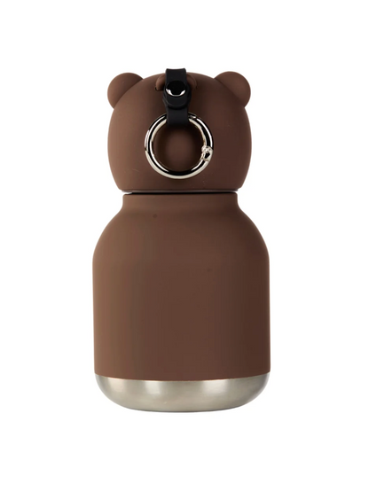 A brown bear-shaped insulated bottle with a stainless steel base and a black ring handle on the lid, shown against a plain white background.