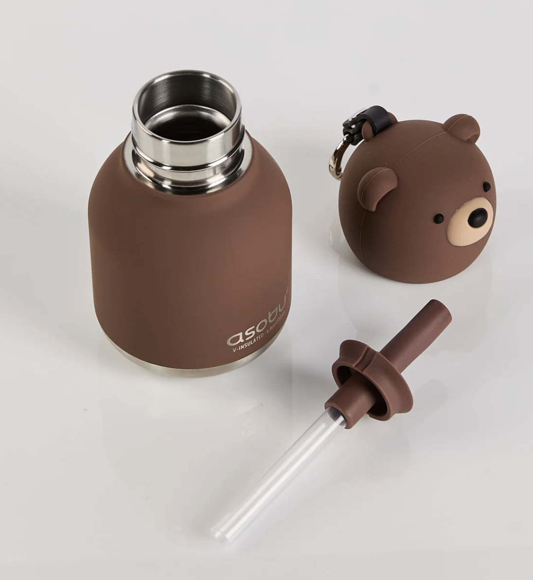 A brown insulated bottle with a matching bear-shaped cap and a clear straw, photographed on a clean white background.