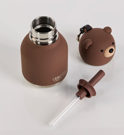 A brown insulated bottle with a matching bear-shaped cap and a clear straw, photographed on a clean white background.